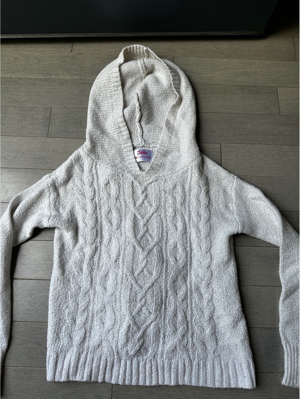Girls justice Cream Cable Knit Hooded Sweater with Thumb Holes casual size 10 - Picture 3 of 7